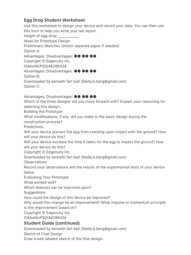 Egg Drop Device Design Worksheet | PDF
