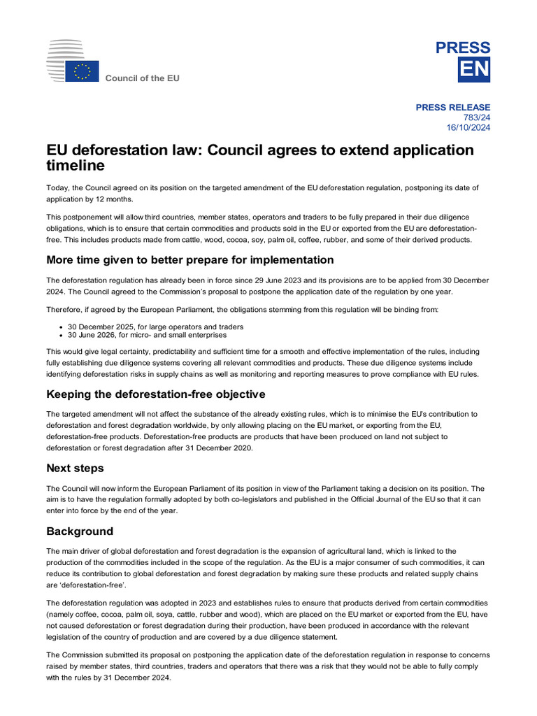 EU Deforestation Law - Council Agrees To Extend Application Timeline ...