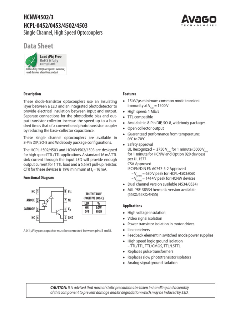 HCNW4503 Optocoupler Datasheet | PDF | Electrical Engineering | Electricity
