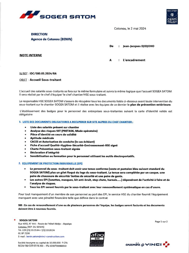 580 NOTE INTERNE - Accueil Sous Traitant | PDF