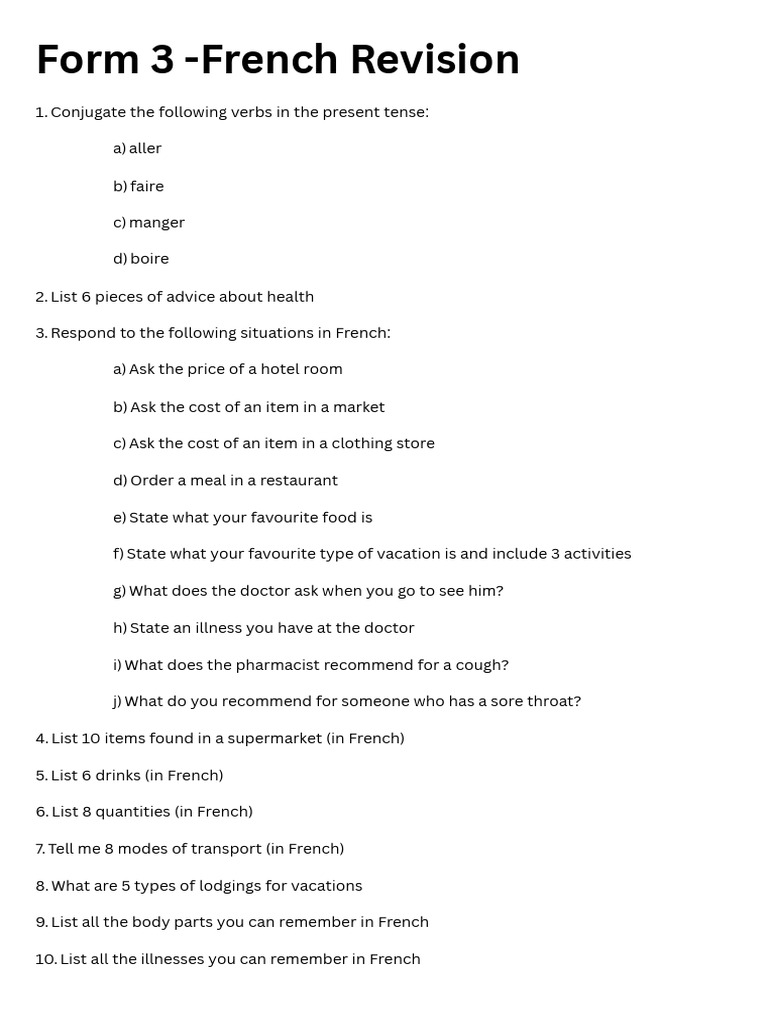 French Form 3 Revision Exercises | PDF