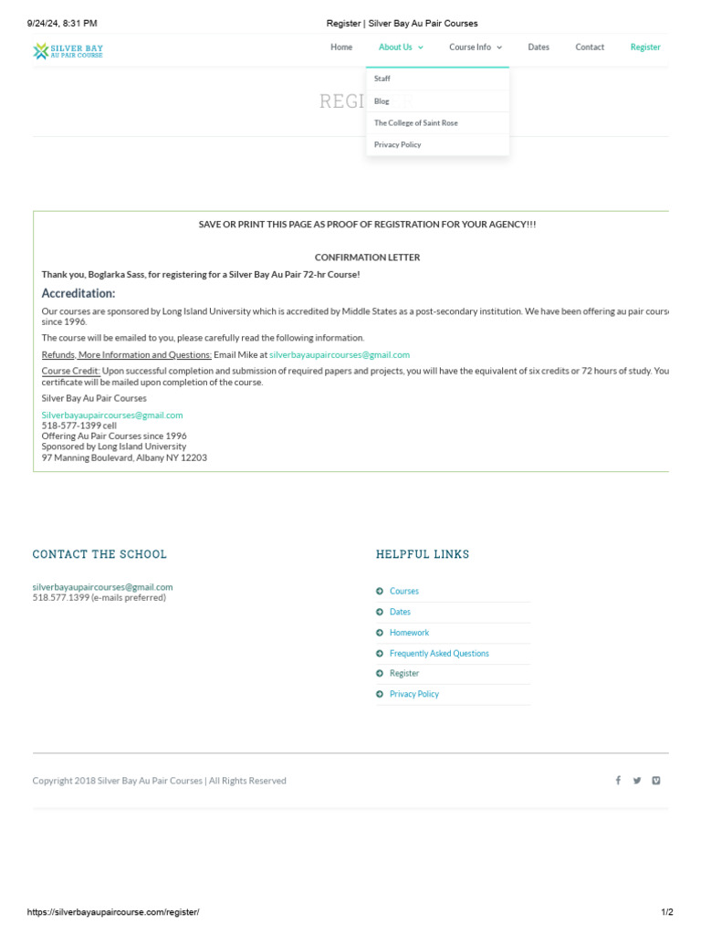 Register Silver Bay Au Pair Courses PDF