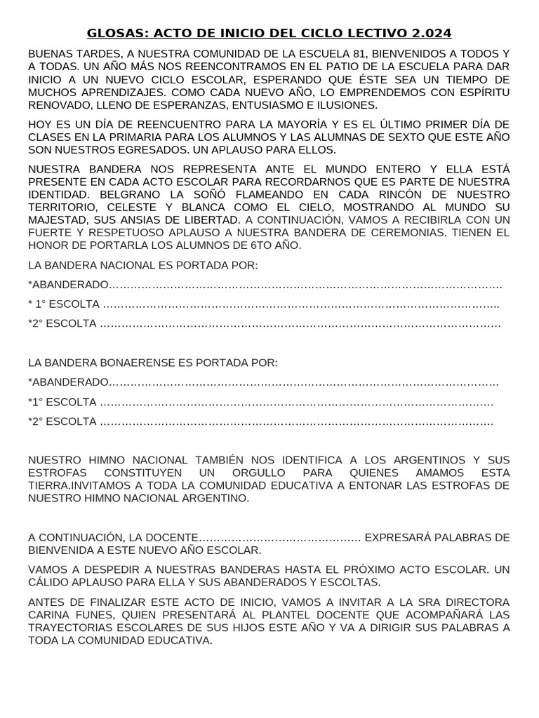 Acto de Inicio Ciclo Lectivo 2024 | PDF