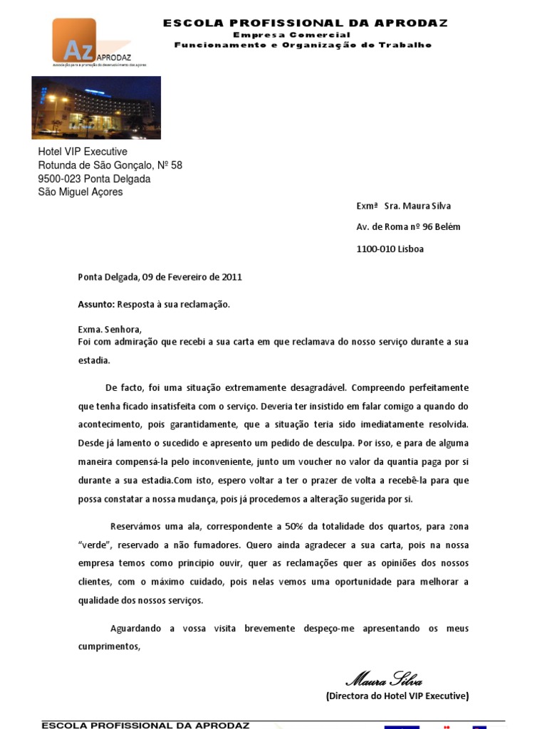 Carta de resposta a reclamação  Business