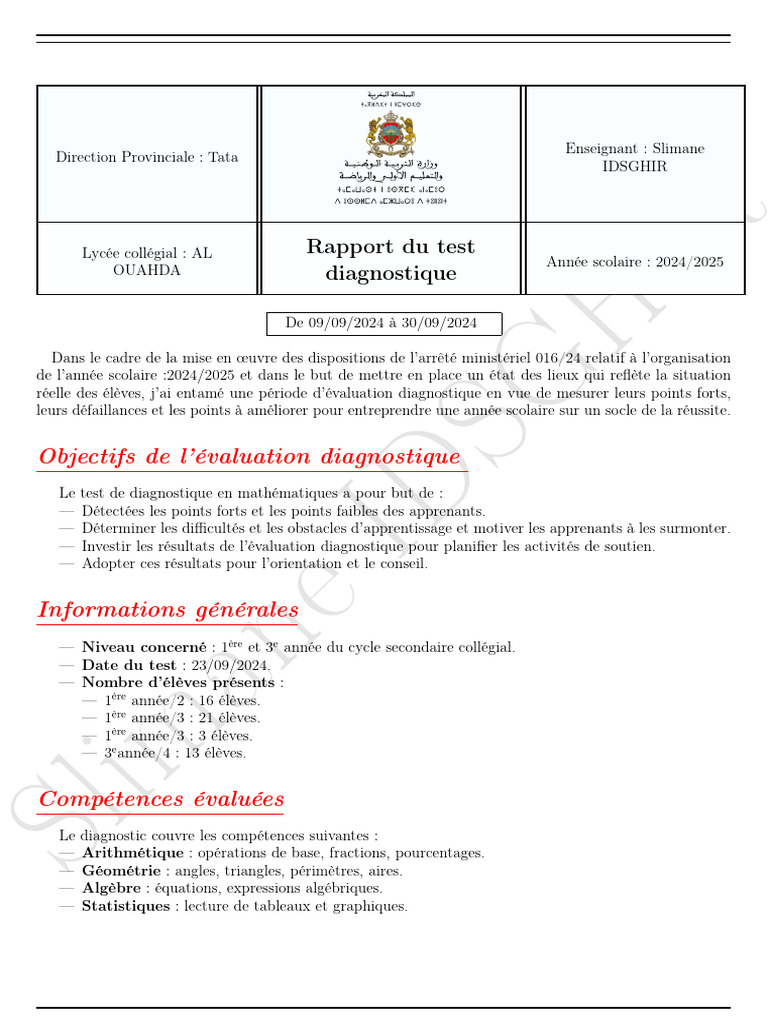 Rapport d'évaluation diagnostique maths 2024 | PDF | Mathématiques