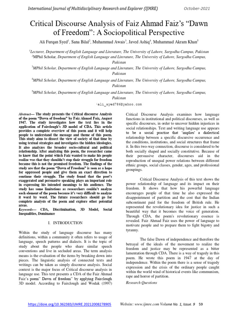 Critical Discourse Analysis of Faiz Ahma | PDF | Discourse | Linguistics