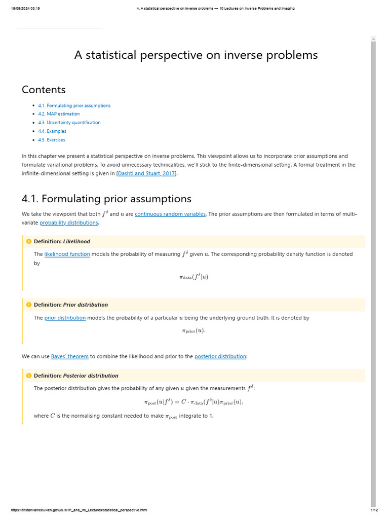 A Statistical Perspective On Inverse Problems - 10 Lectures On Inverse ...