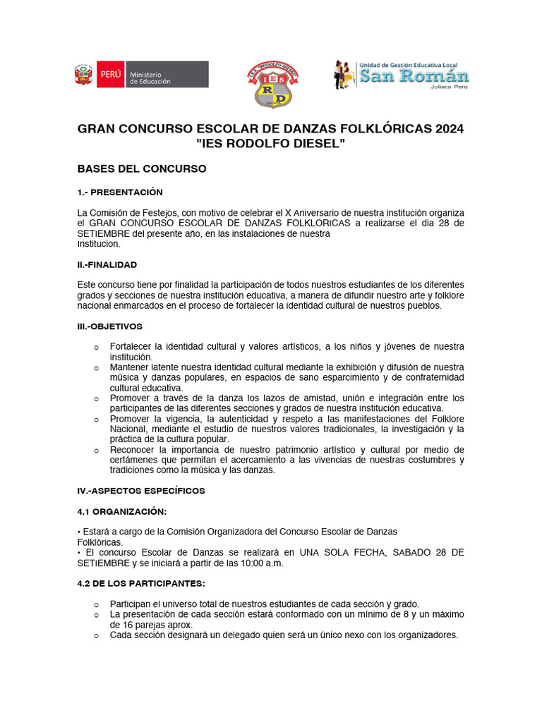 Concurso Escolar de Danzas Folklóricas 2024 | PDF | Bailes | Folklore