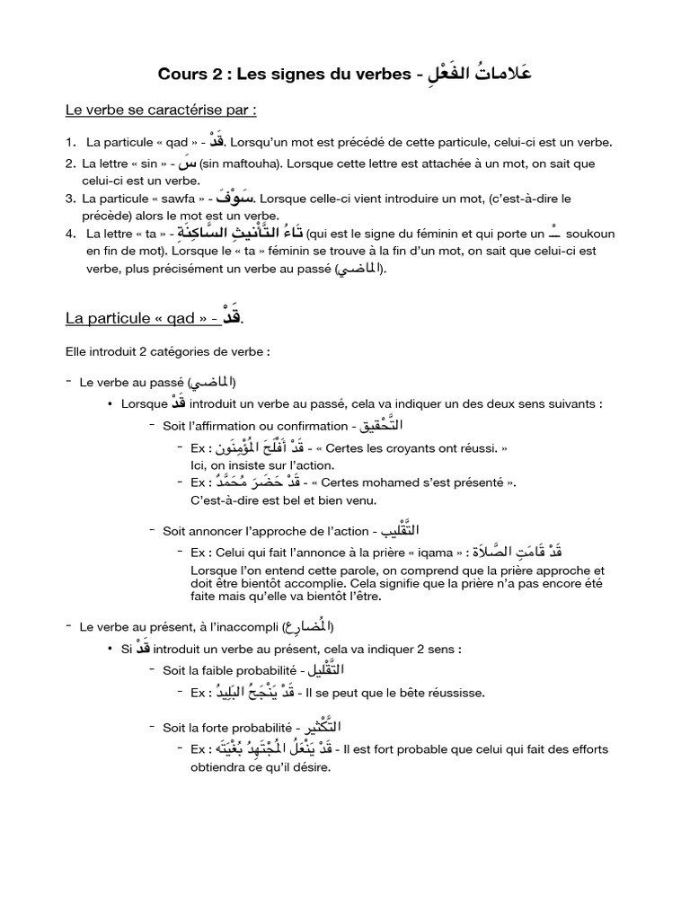 Signes du verbe en arabe | PDF | Verbe | Grammaire