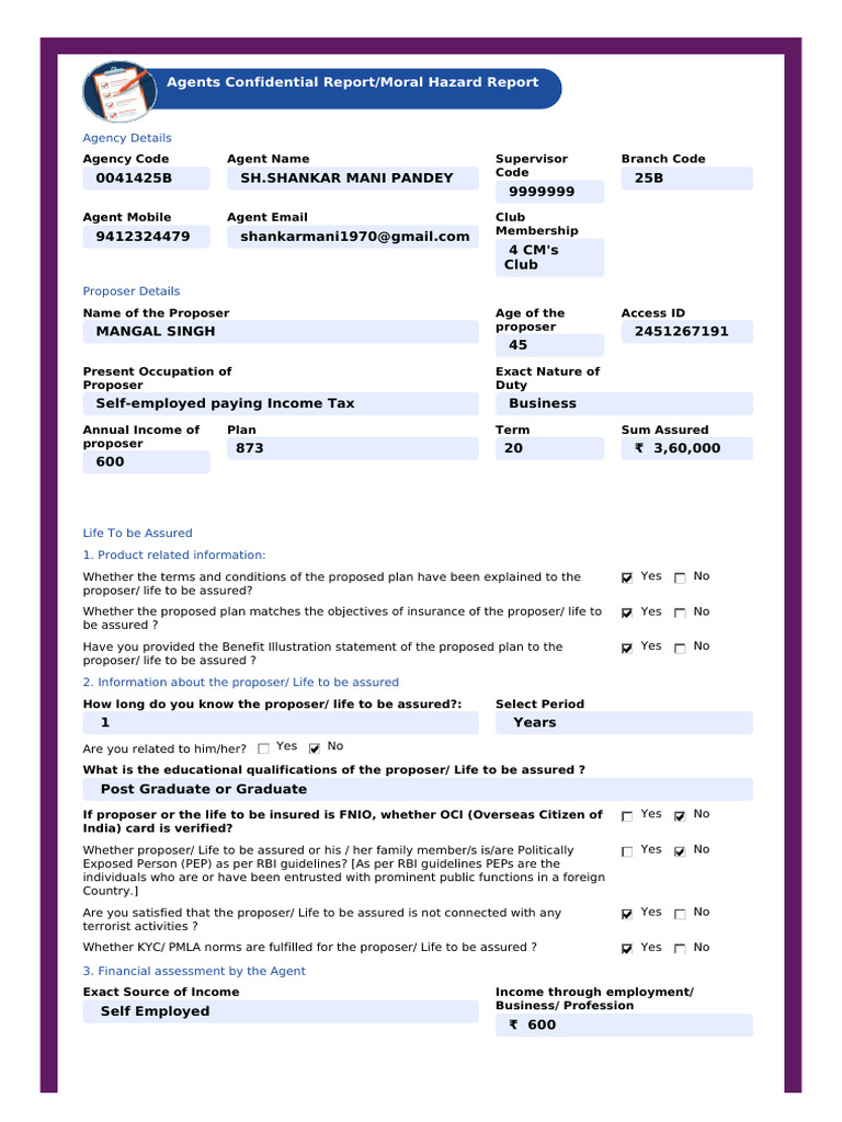 Insurance Proposal Details for Mangal Singh | PDF