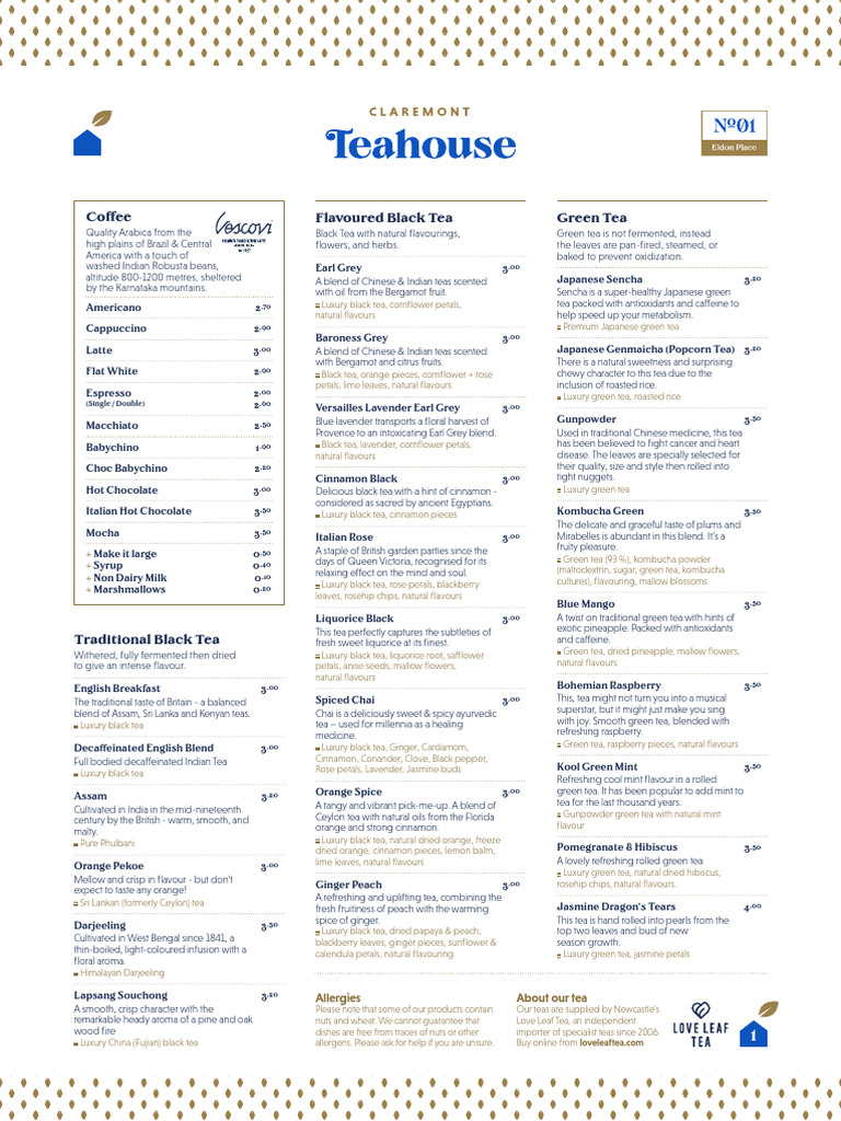 Claremont Teahouse Menu Overview | PDF | Tea | Hot Drinks