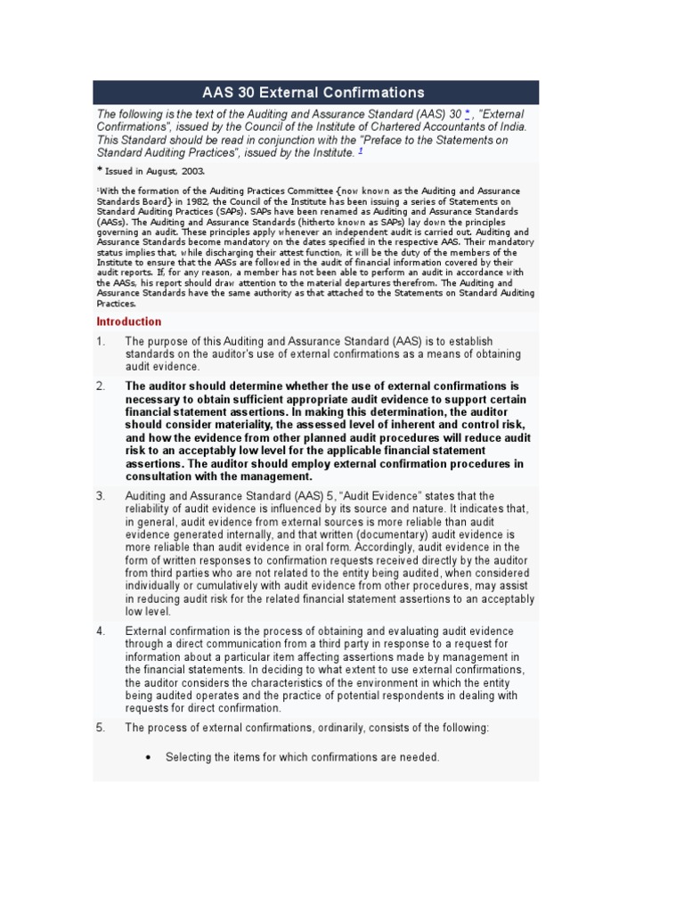 AAS 30: External Confirmations in Auditing | PDF | Audit | Risk