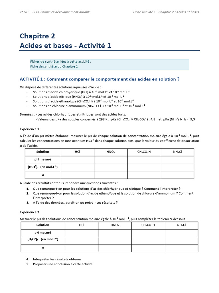Comparaison des Acides en Solution Aqueuse | PDF