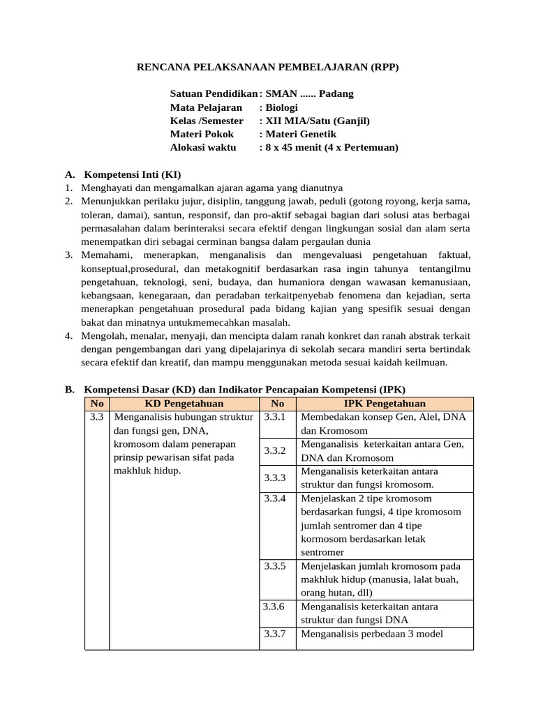 RPP Biologi Genetik Kelas XII MIA | PDF