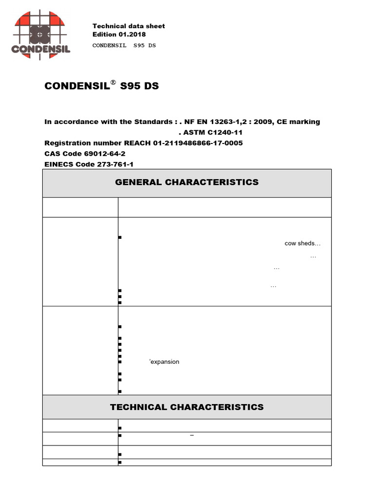Technical Data Sheet Condensil S95 DS | PDF | Concrete | Silicon Dioxide