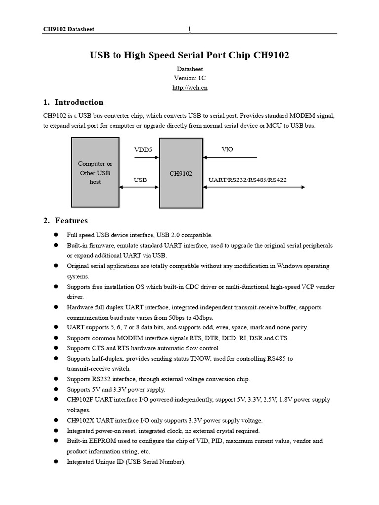 CH9102 USB to Serial Chip Datasheet | PDF | Power Supply | Usb