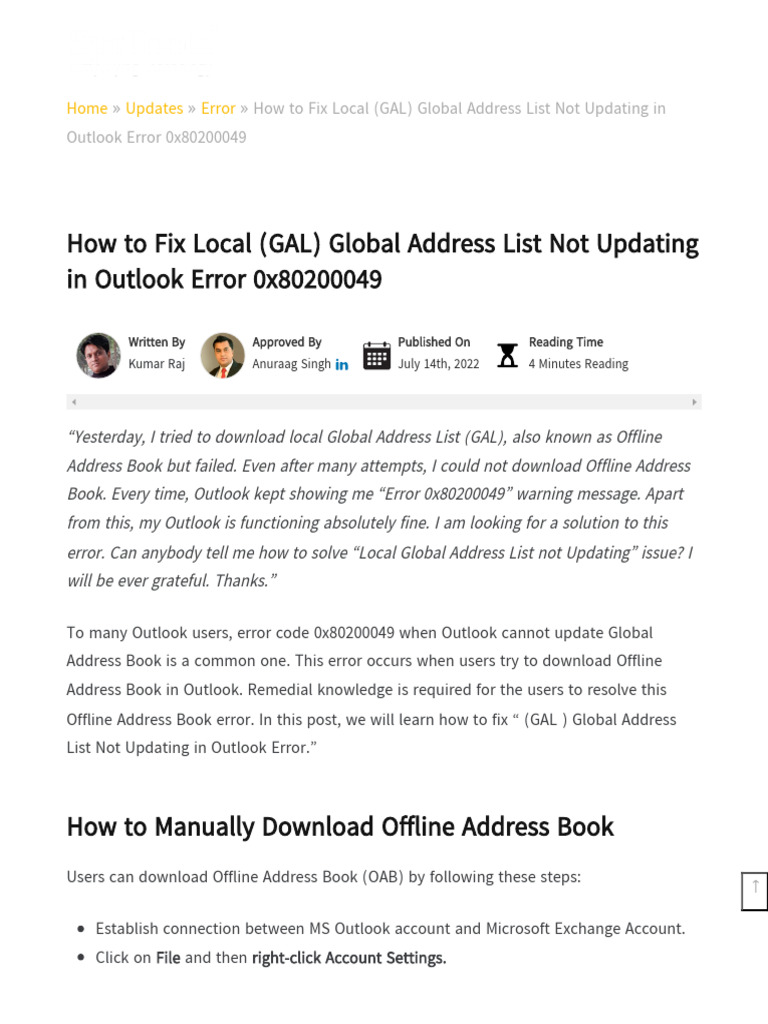 Fixing Outlook GAL Update Error 0x80200049 | PDF | Microsoft Outlook ...