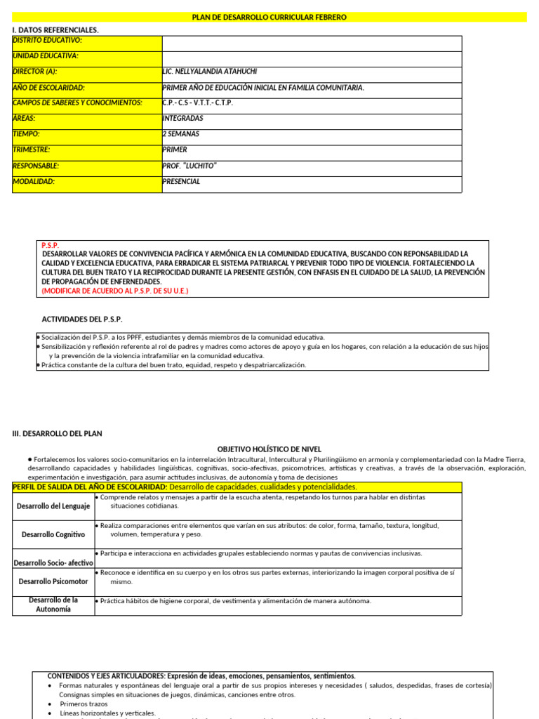 Plan de Desarrollo Curricular Inicial 2024 | PDF | Educación de la ...