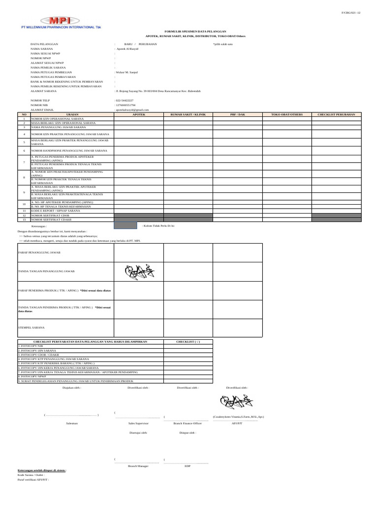 FCBG021-12 Formulir Spesimen Data Pelanggan Apotek Rumah Sakit PBF Toko ...