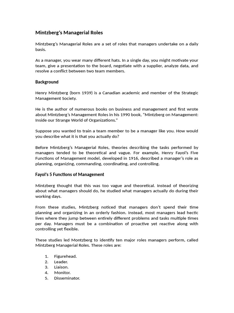Understanding Mintzberg's Managerial Roles | PDF | Business | Human ...