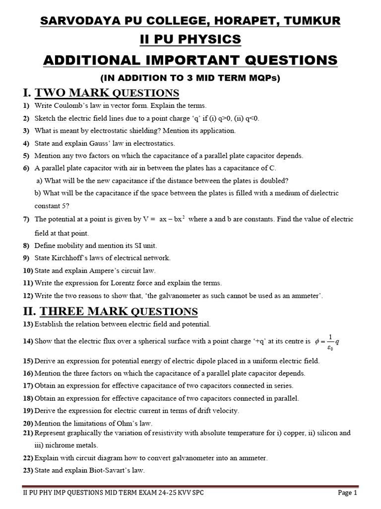 II Pu Phy Additional Imp Questions Mid Term 24-25 SPC KVV | PDF ...