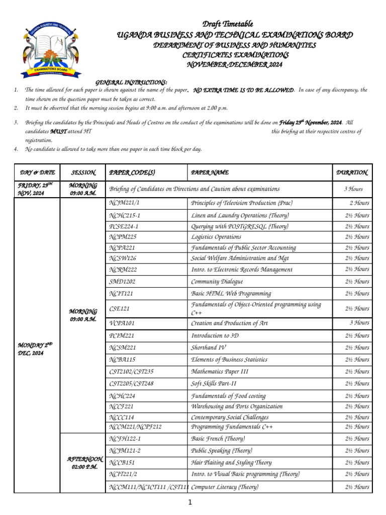 Draft Business Certificate Time Table Nov-Dec. 2024 | PDF | Web ...
