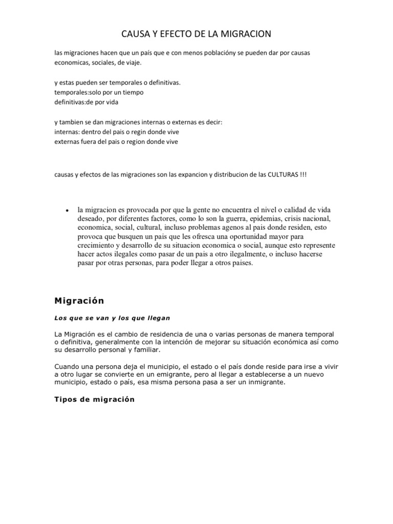 Causa y Efecto de La Migracion | PDF | Migración humana | Ciencia cognitiva