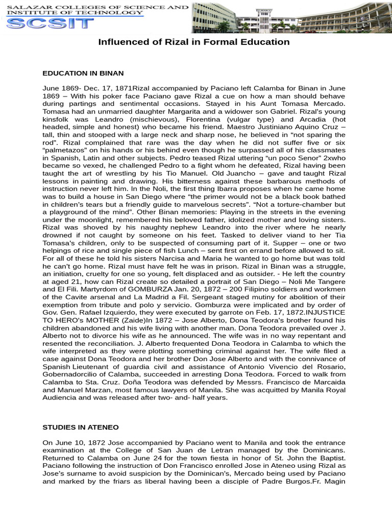 Influenced of Rizal in Formal Education - Module | PDF