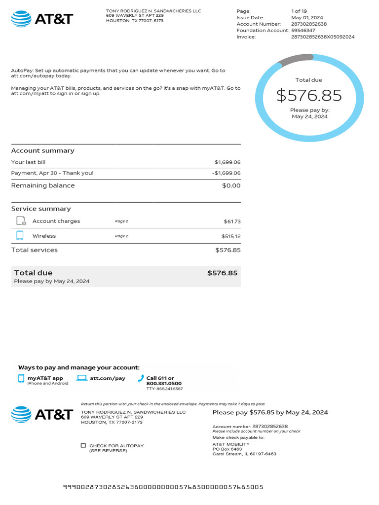 AT&T Invoice for Tony Rodriguez LLC | PDF | Financial Services | Money