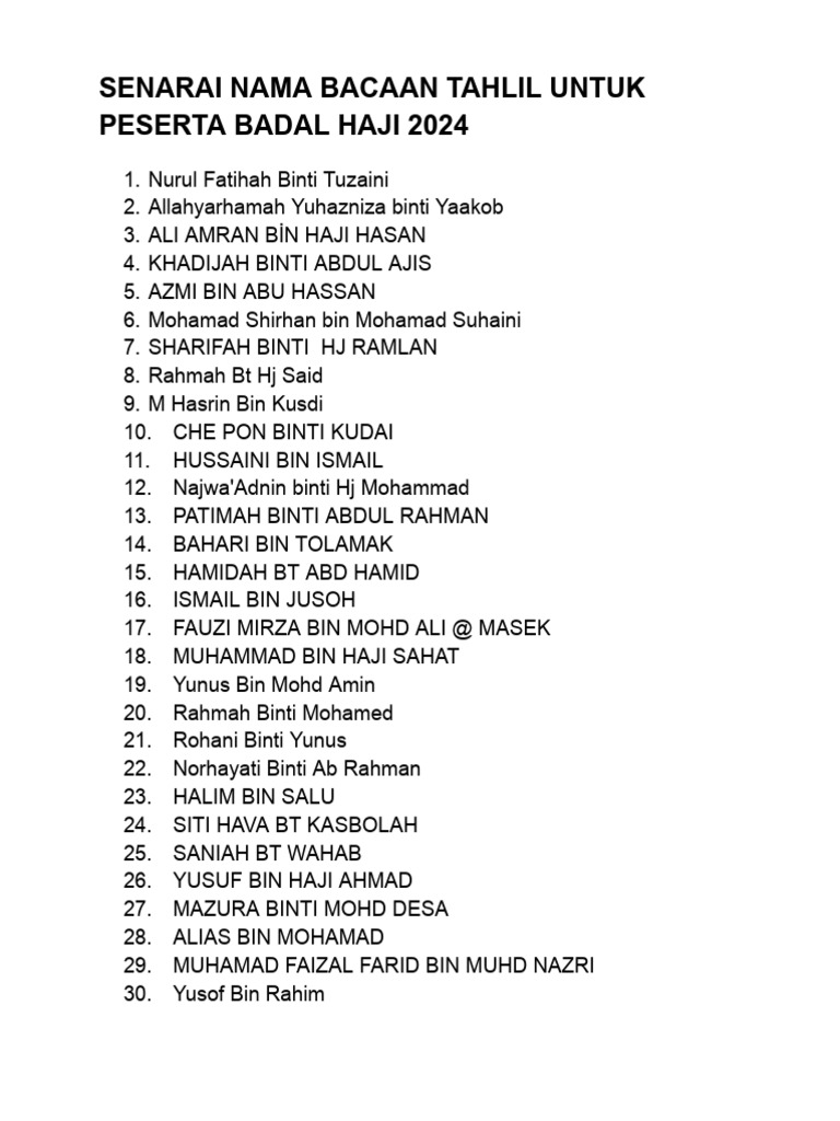 Senarai Nama Bacaan Tahlil Untuk Peserta Badal Haji 2024 22 - 3 | PDF