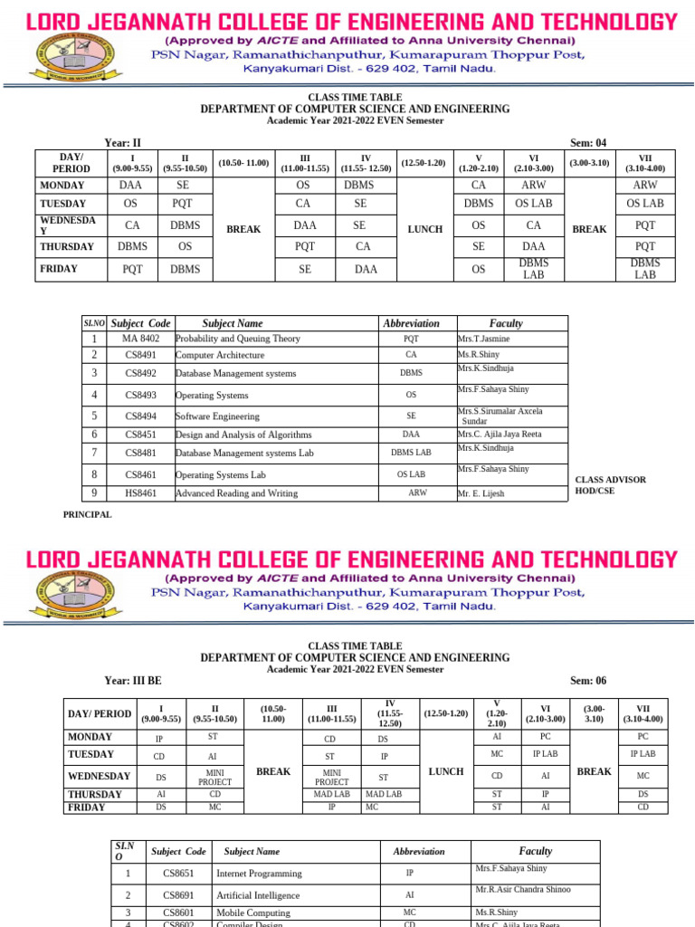 2021-2022 Time Table EVEN | PDF | Computer Science | Computer Engineering