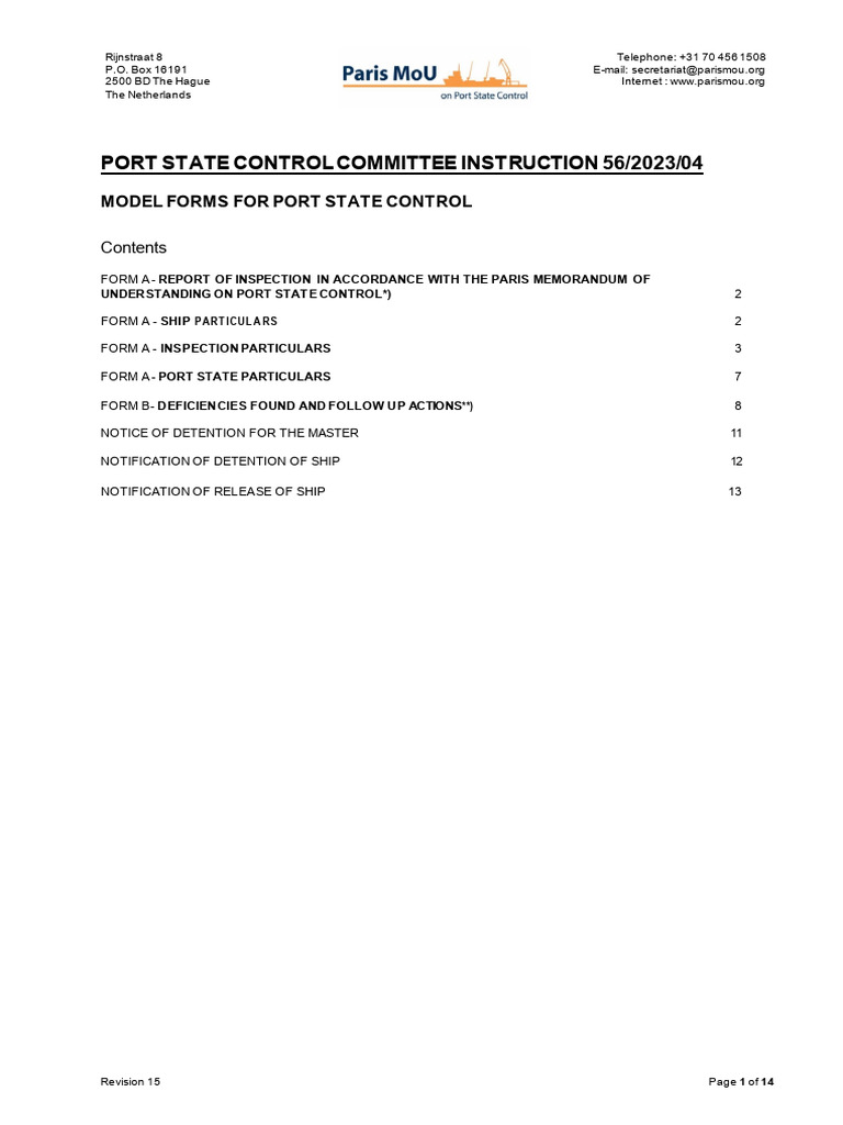 Port State Control Inspection Forms | PDF | Water Transport | Ships