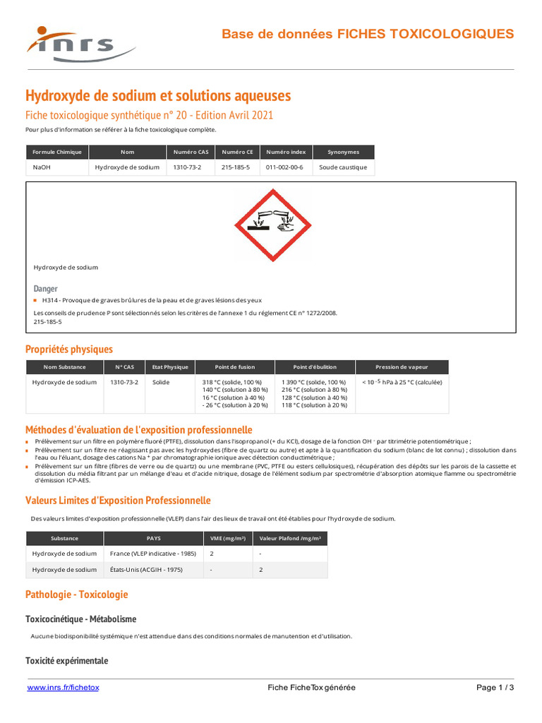 Fiche toxicologique : Hydroxyde de sodium | PDF | Hydroxyde de sodium ...