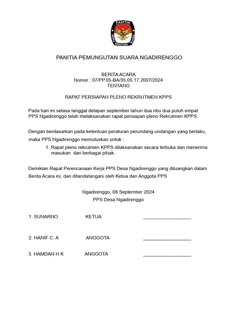 Berita Acara Persiapan Rekrutmen KPPS | PDF