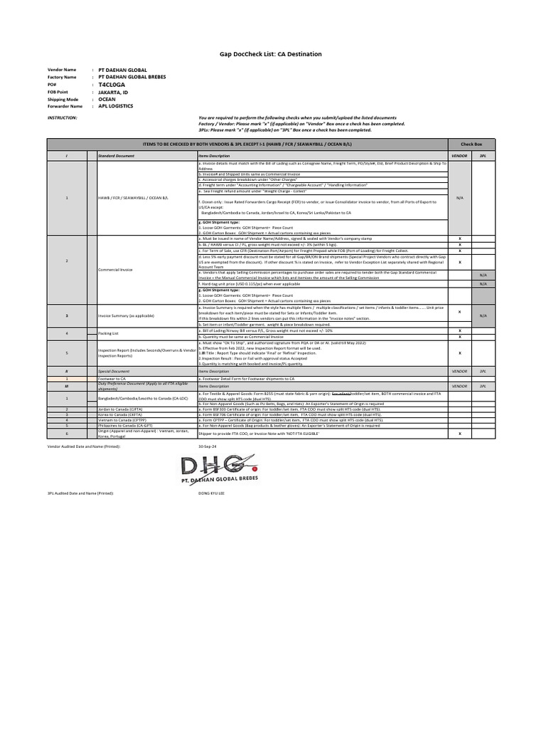 GAP Canada Shipping Document Checklist | PDF | Cargo | Bill Of Lading