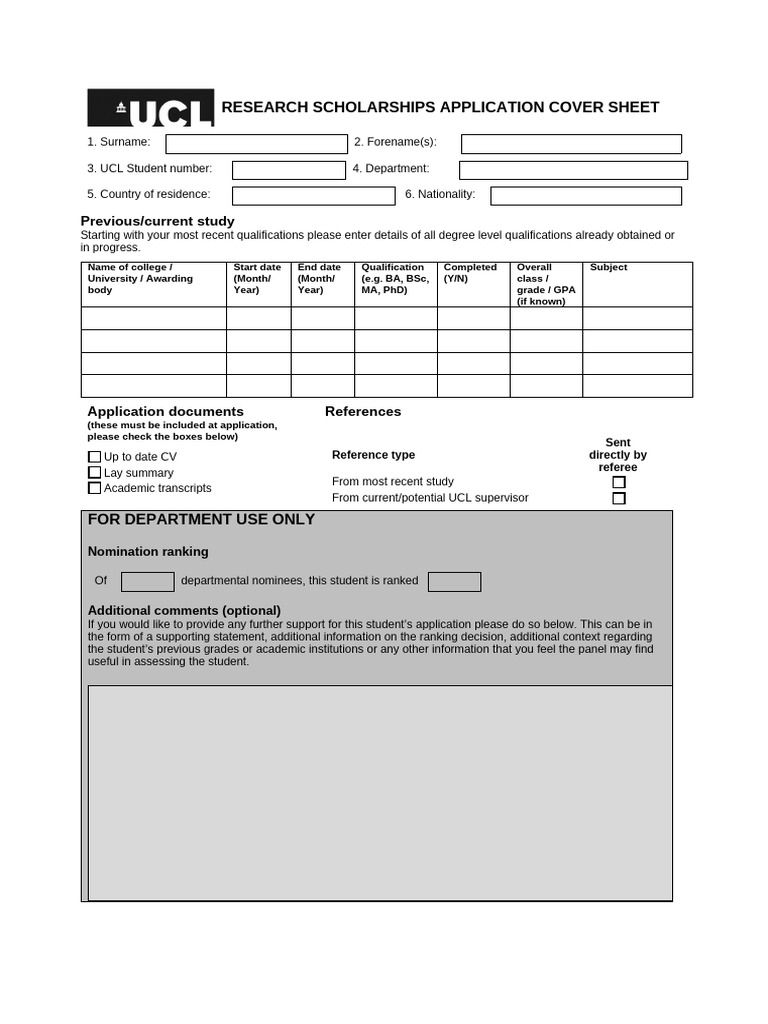 UCL Research Scholarship Application Form | PDF