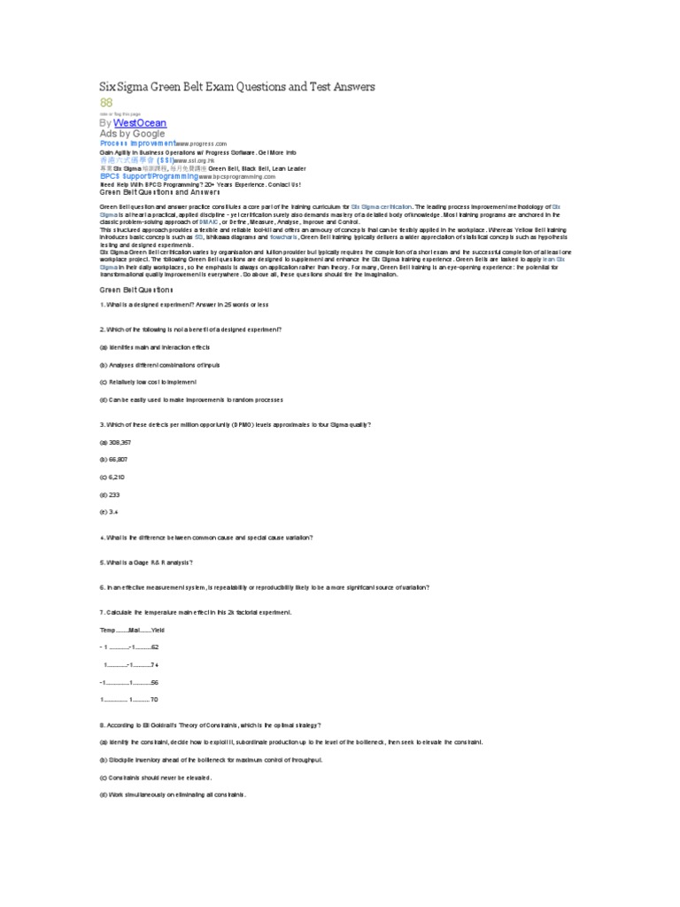 Six Sigma Green Belt Exam Questions And Test Answers Six Sigma Systems Science