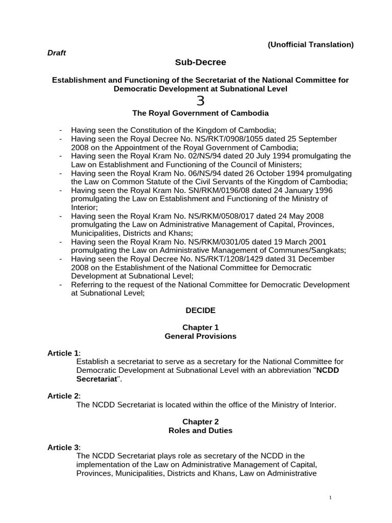 NCDD Secretariat Establishment Sub-Decree | PDF | Secretary Of State ...