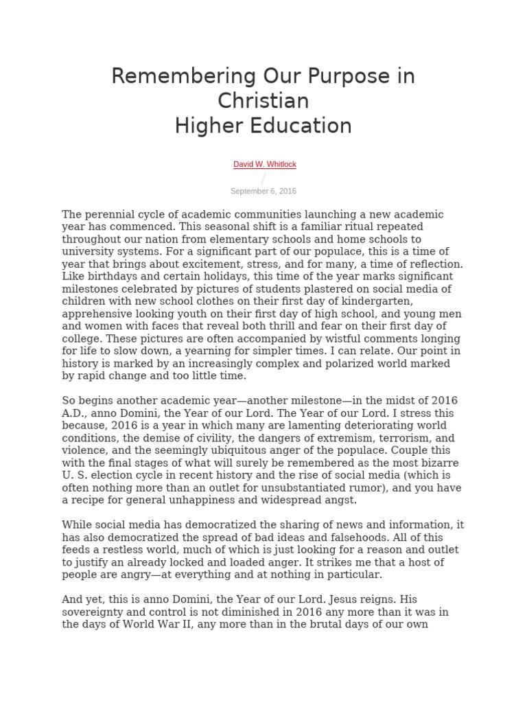 Purpose of Christian Higher Education (2) | PDF | Jesus | Faith
