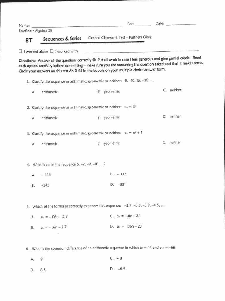 8t Sequences and Series MC Test | PDF