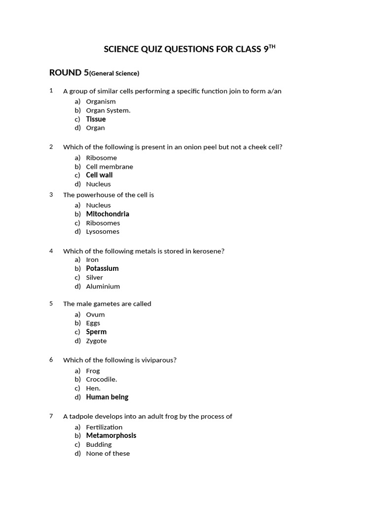 Class 9 Science Quiz Questions | PDF | Cell (Biology) | Fertilisation
