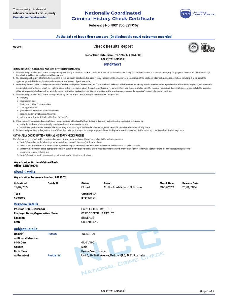 National Criminal History Check Report | PDF | Criminal Record | Government