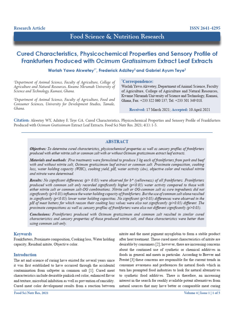 Cured Characteristics, Physicochemical Properties and Sensory Profile ...