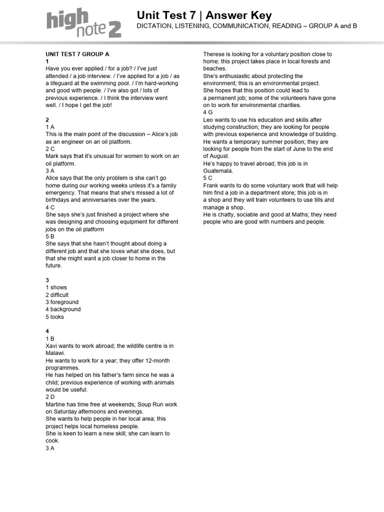 Unit Test 7 Answer Key: Groups A & B | PDF