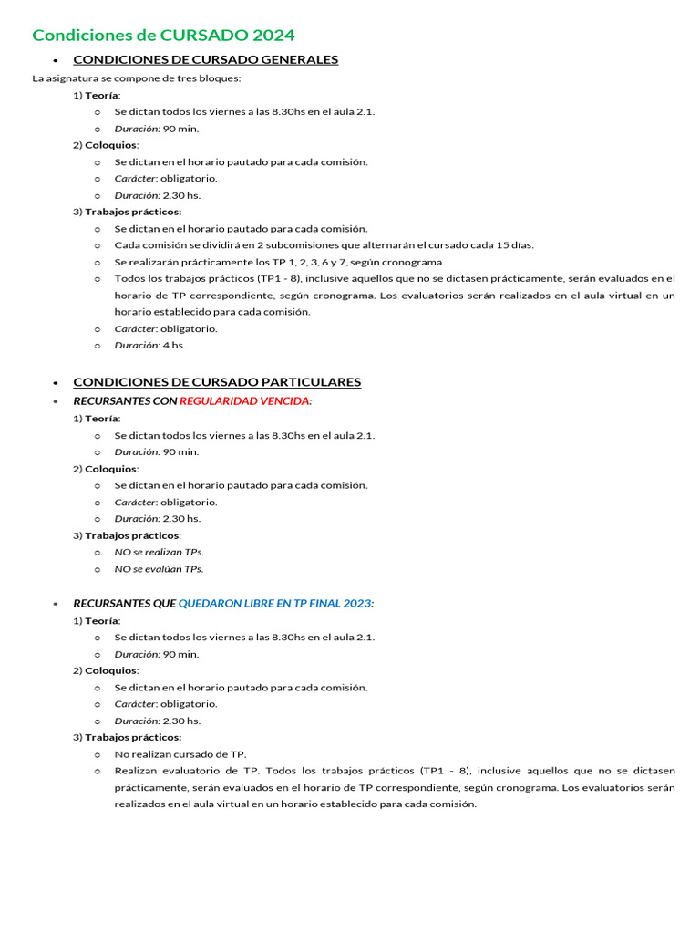 Condiciones de CURSADO 2024 | PDF
