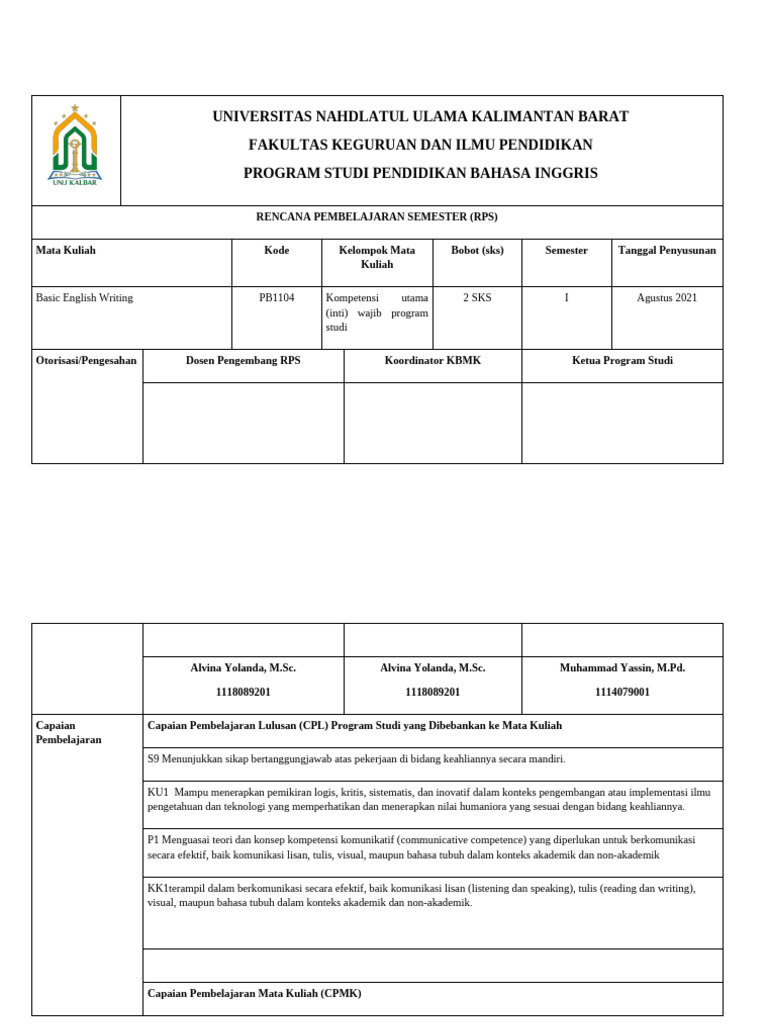 RPS Basic English Writing Universitas NU Kalbar | PDF