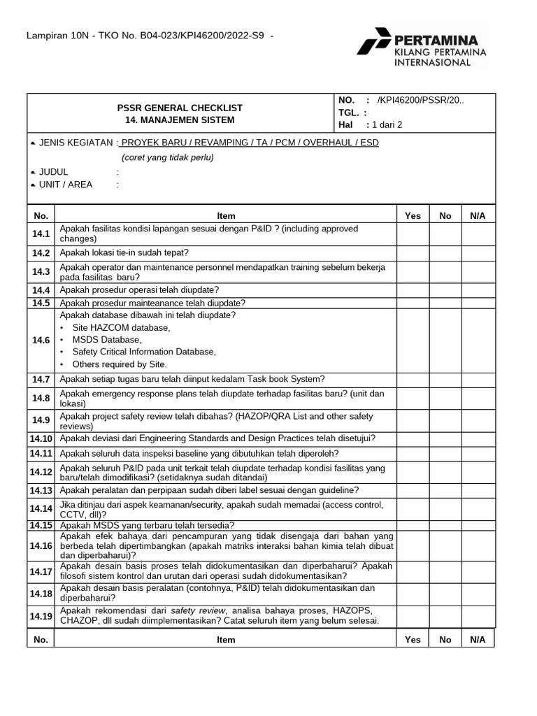Checklist Umum PSSR Proyek Baru | PDF