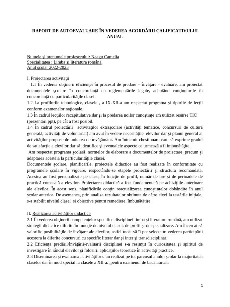 2022-2023 Raport de Autoevaluare În Vederea Acordării Calificativului ...