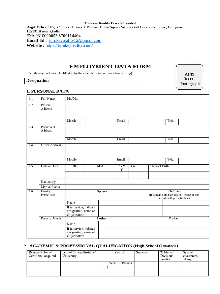 Employment Data Form Template | PDF