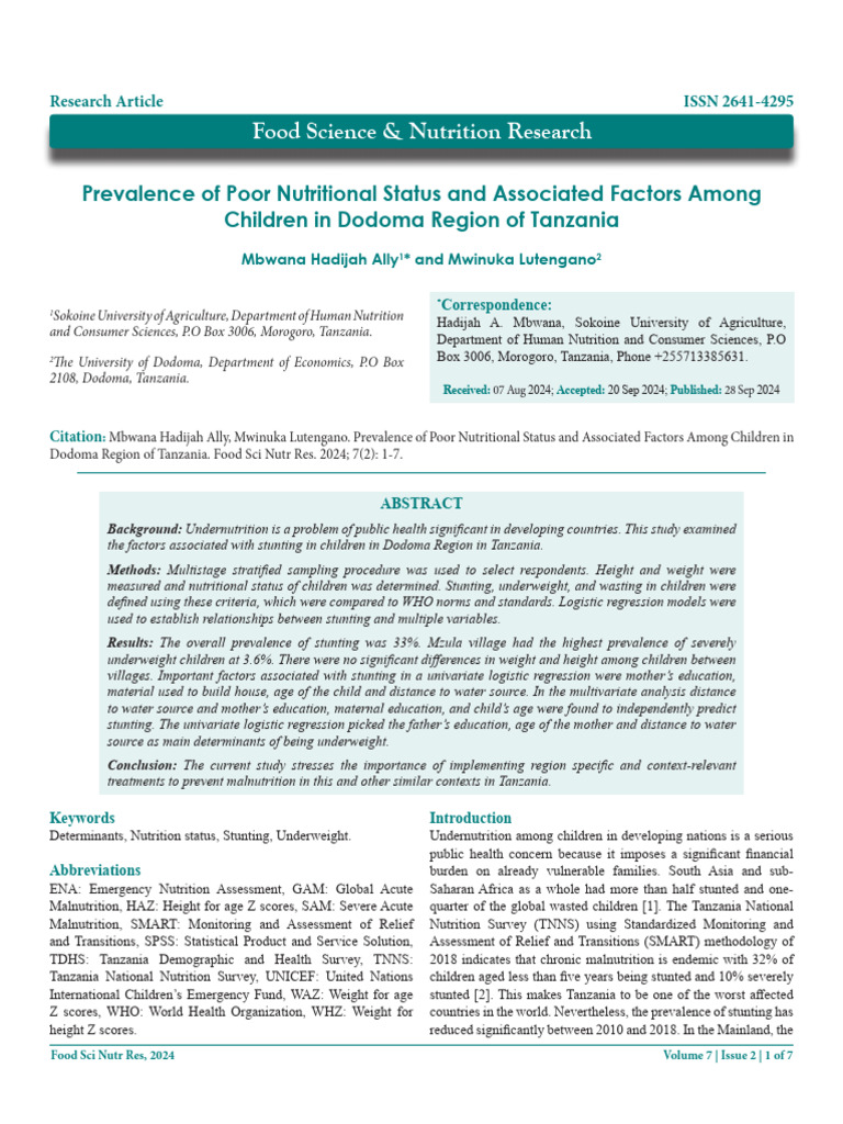 Nutritional Status of Children in Dodoma | PDF | Malnutrition ...